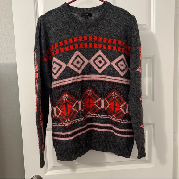 J CREW Abstract Fiar Isle Nordic Sweater M preppy grey red mohair wool blend - Picture 4 of 16